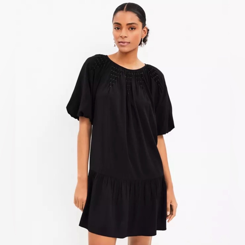 LOFT Black Smocked Yoke Dress with Puff Sleeves